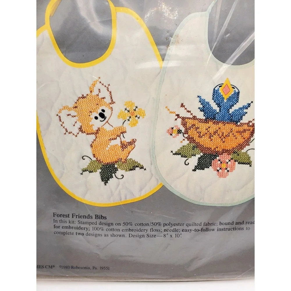 Vintage 1980 Columbia Minerva Forest Friends Baby Bib Cross Stitch Kit SEALED